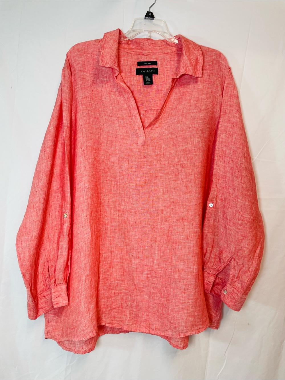 T Tahari Coral Split-Neck Linen Tunic Top Size 2X, 100 Linen